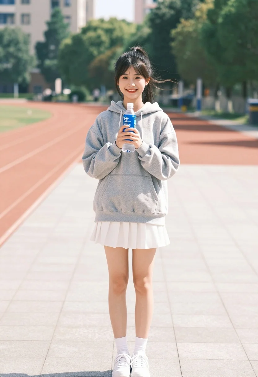 Cheerful young woman standing on walkway holding water bottle outdoors - AI generated image prompt sample