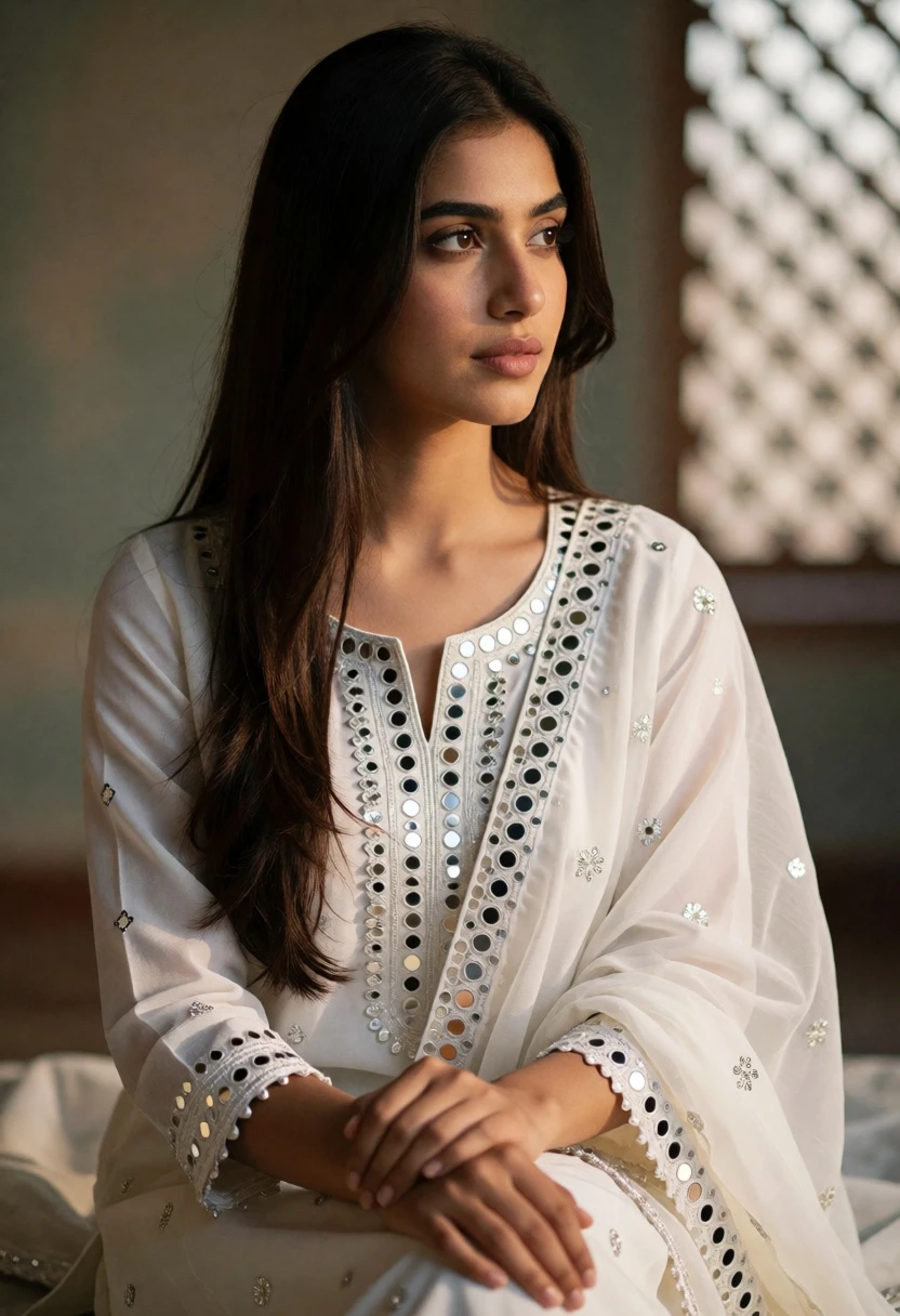 Young woman in white traditional kurta gazing thoughtfully near lattice screen - AI generated image prompt sample