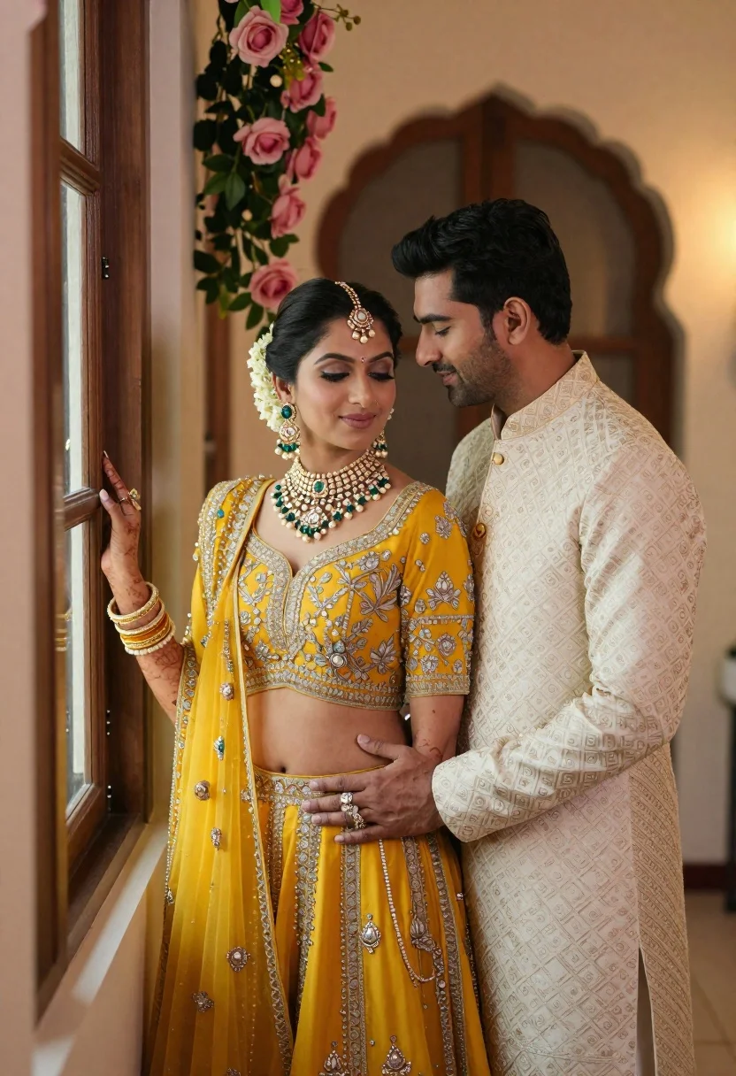 Indian couple in traditional wedding attire posing near a wooden window - AI generated image prompt sample
