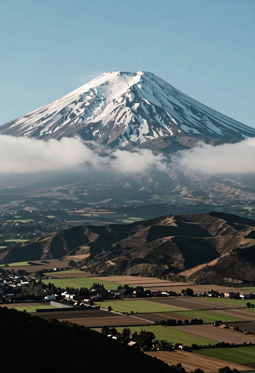 Majestic snow capped volcano overlooking rolling patchwork fields in a vast valley - AI generated image prompt sample
