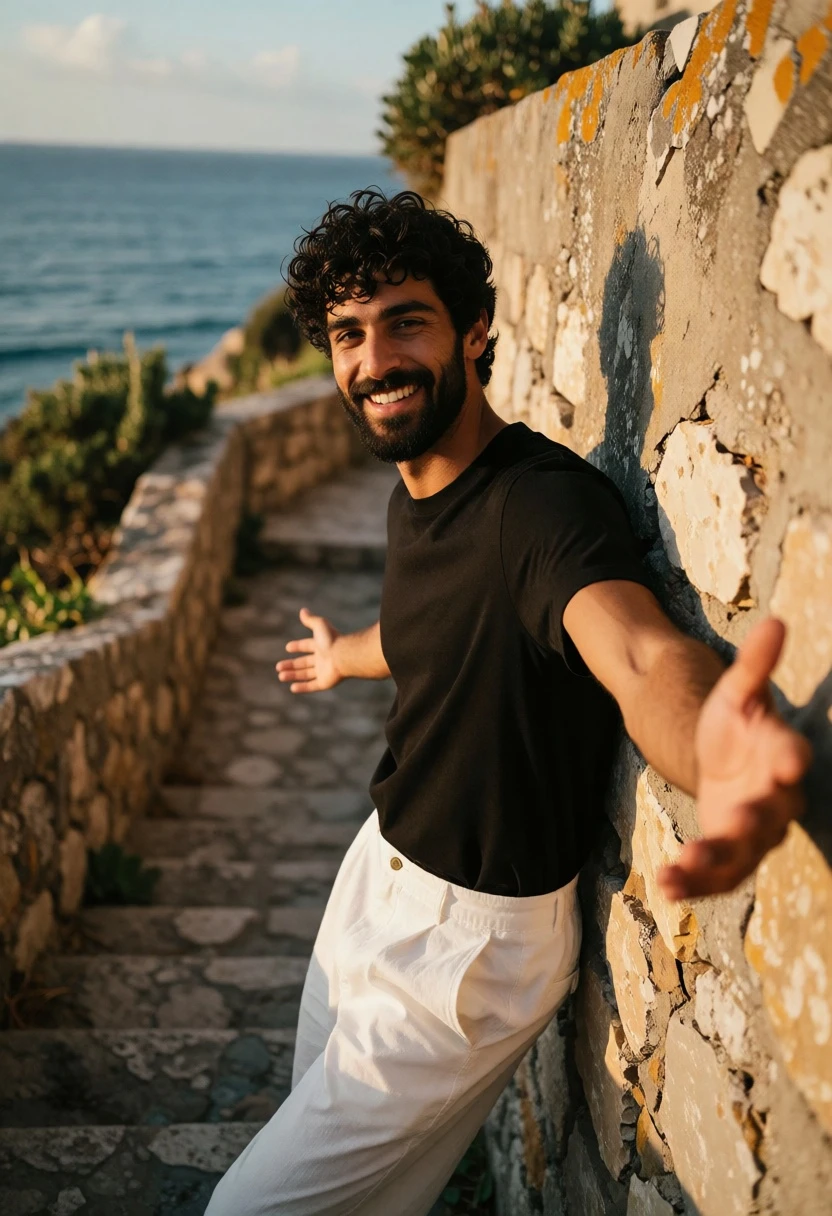 Man leaning on weathered stone staircase overlooking calm blue sea at golden - AI generated image prompt sample