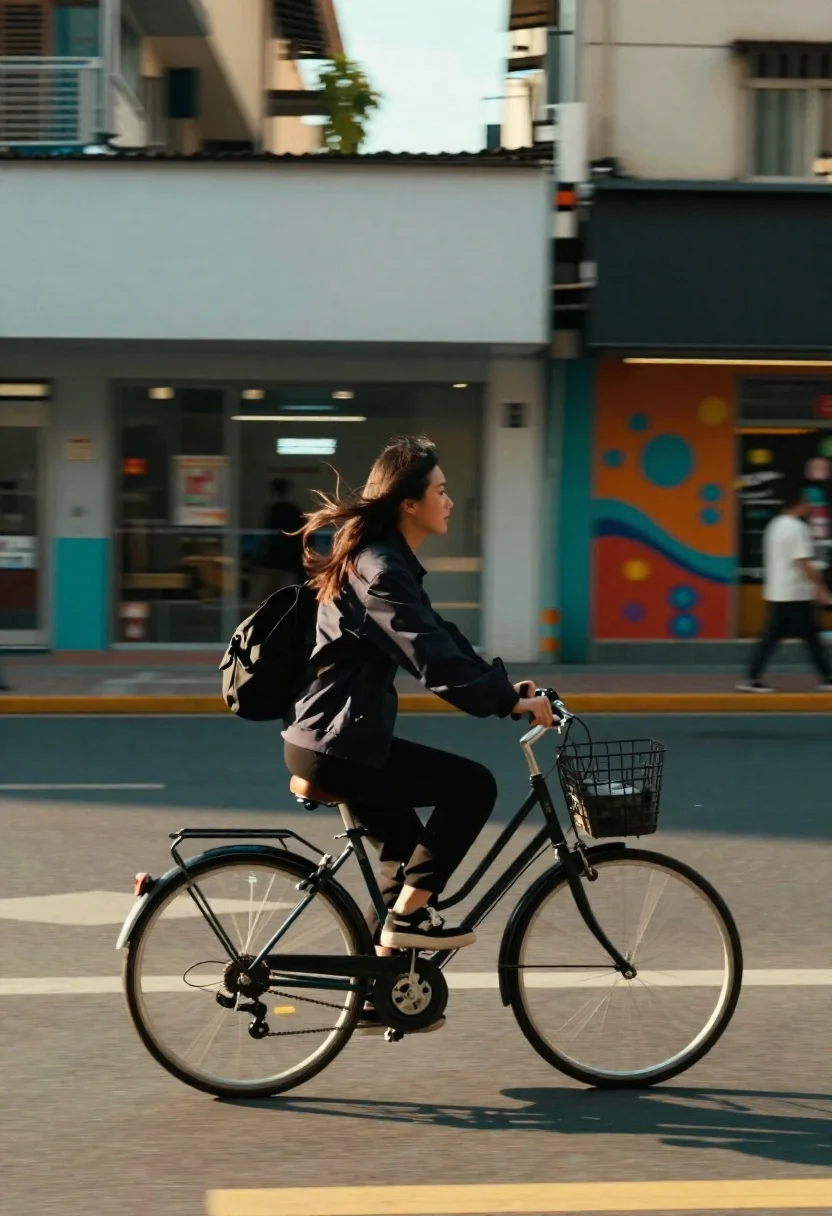 Young woman riding bicycle through blurred urban street