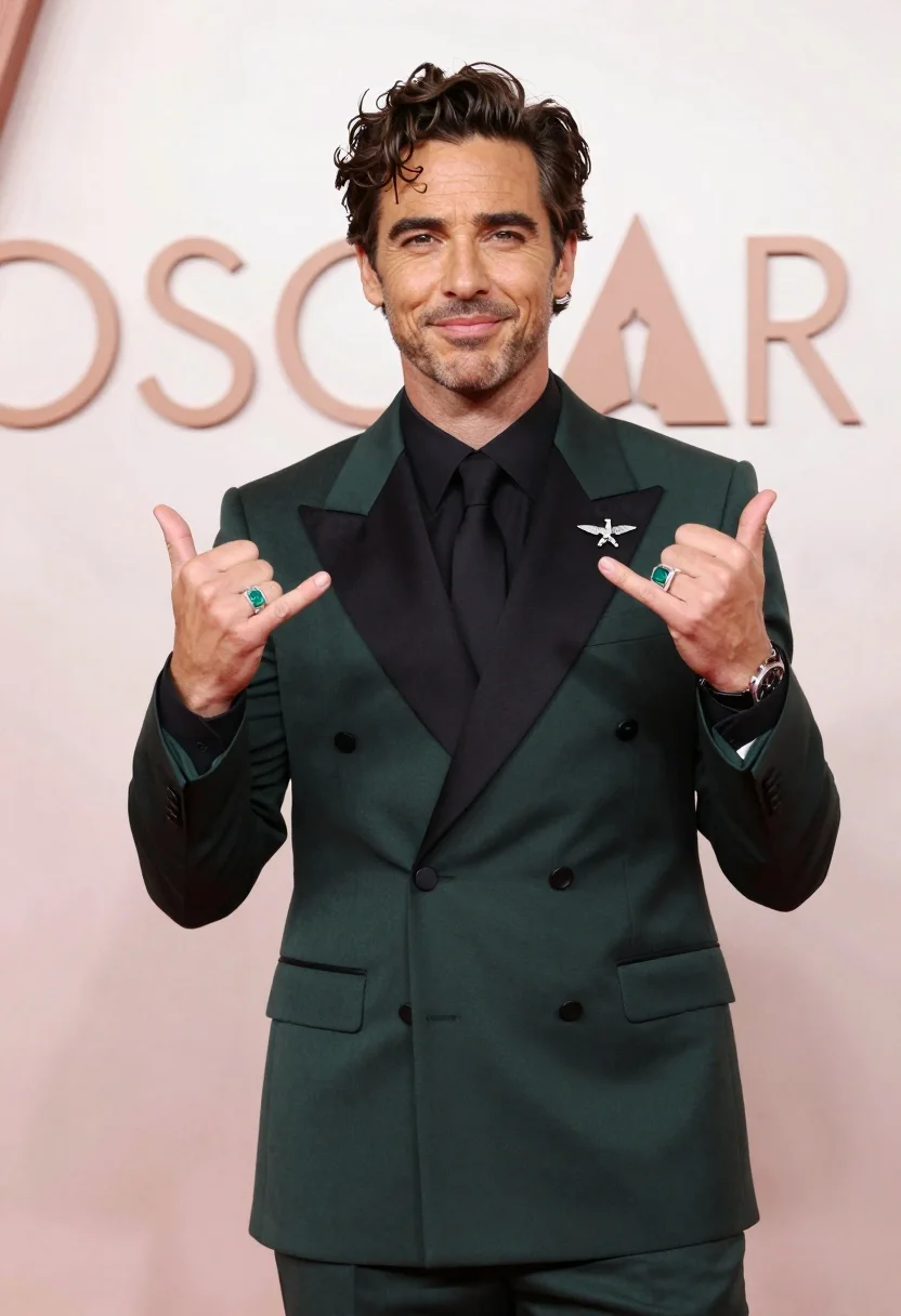 Man in dark green tuxedo making shaka gesture against pink backdrop - AI generated image prompt sample