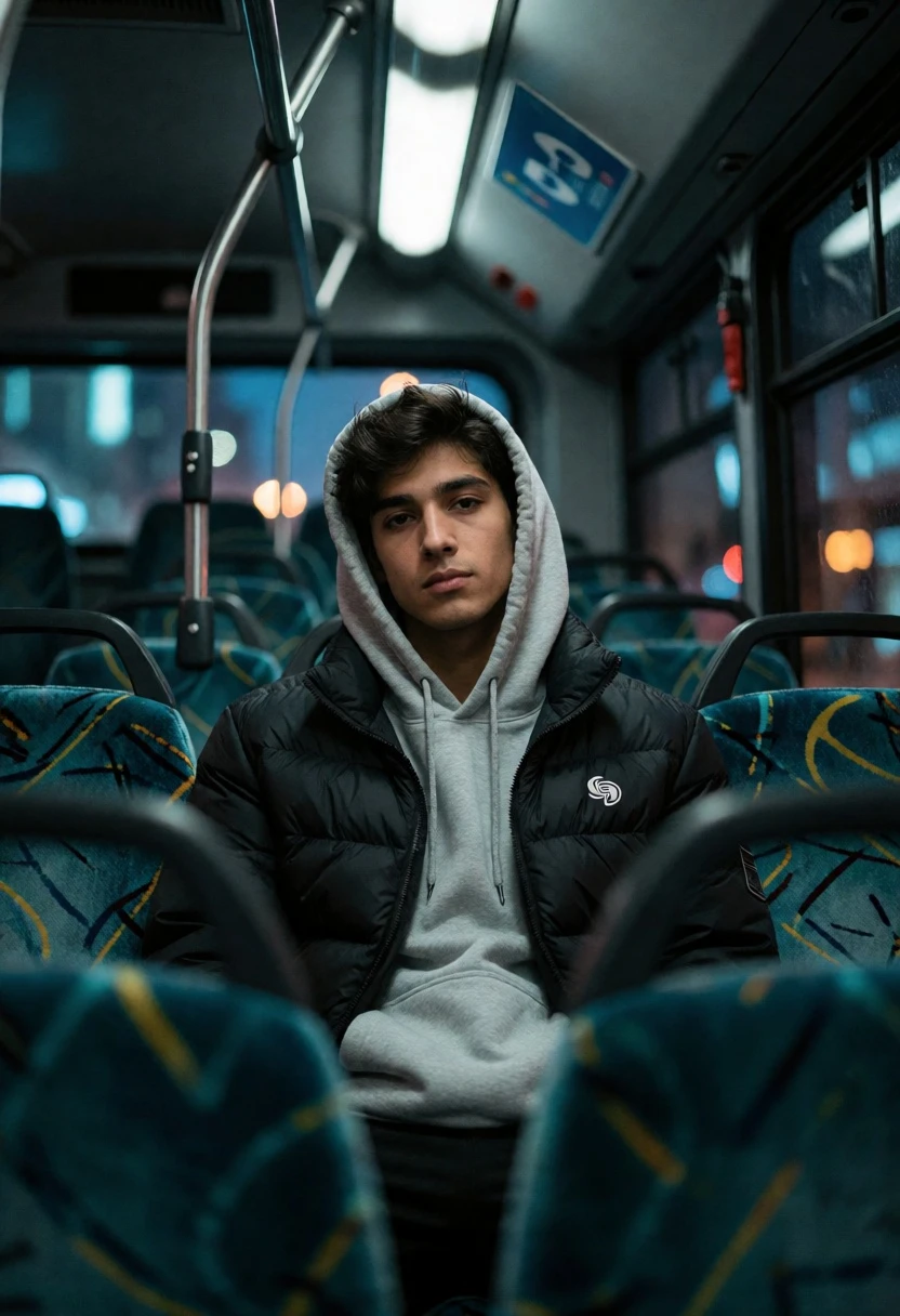 Young man sitting alone inside a dimly lit city bus interior - AI generated image prompt sample