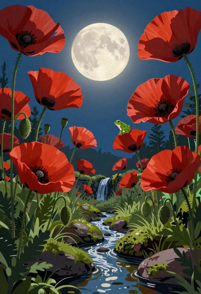 Surreal poppy forest framing a moonlit sky