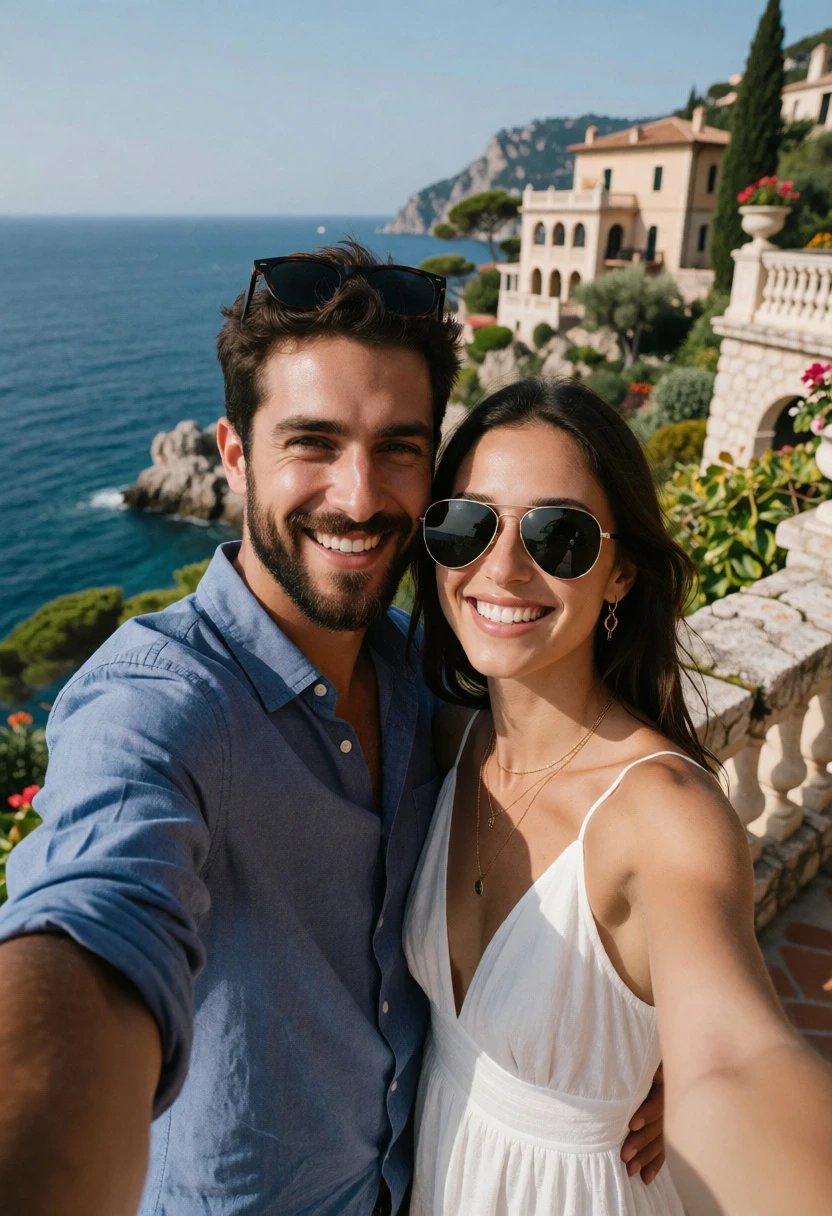 Smiling couple taking a selfie on stone terrace overlooking mediterranean sea - AI generated image prompt sample