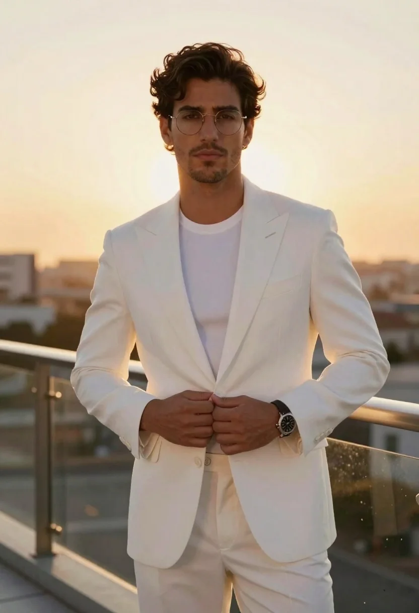 Handsome man in white suit standing on balcony during golden sunset - AI generated image prompt sample