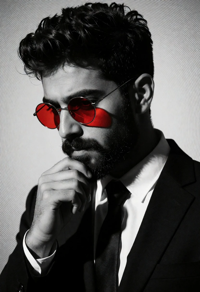 High contrast portrait of man in black suit with red sunglasses - AI generated image prompt sample