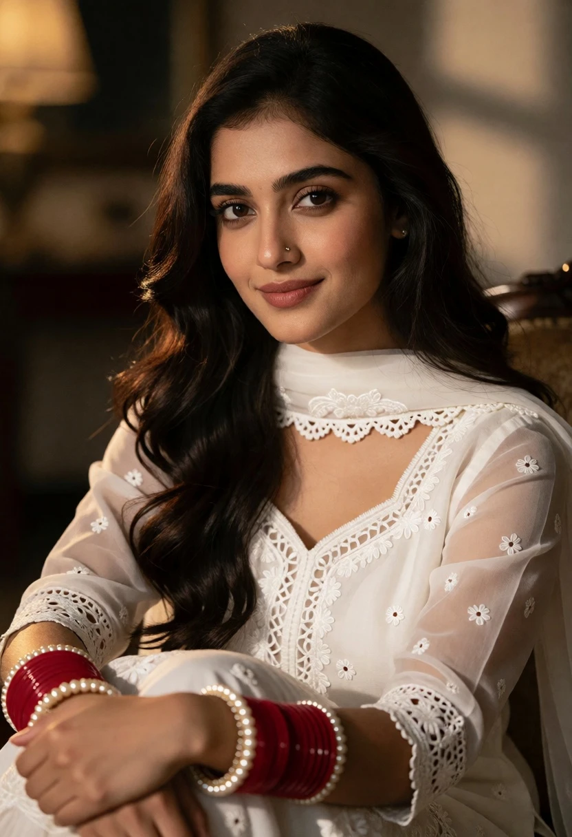 Close up portrait of young woman in white traditional outfit indoors - AI generated image prompt sample