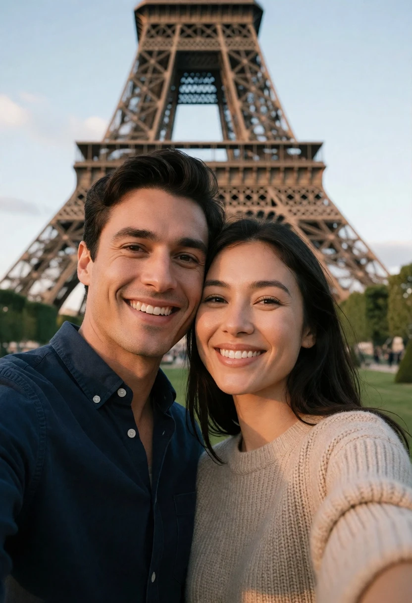 Couple taking a selfie in front of the eiffel tower at low - AI generated image prompt sample