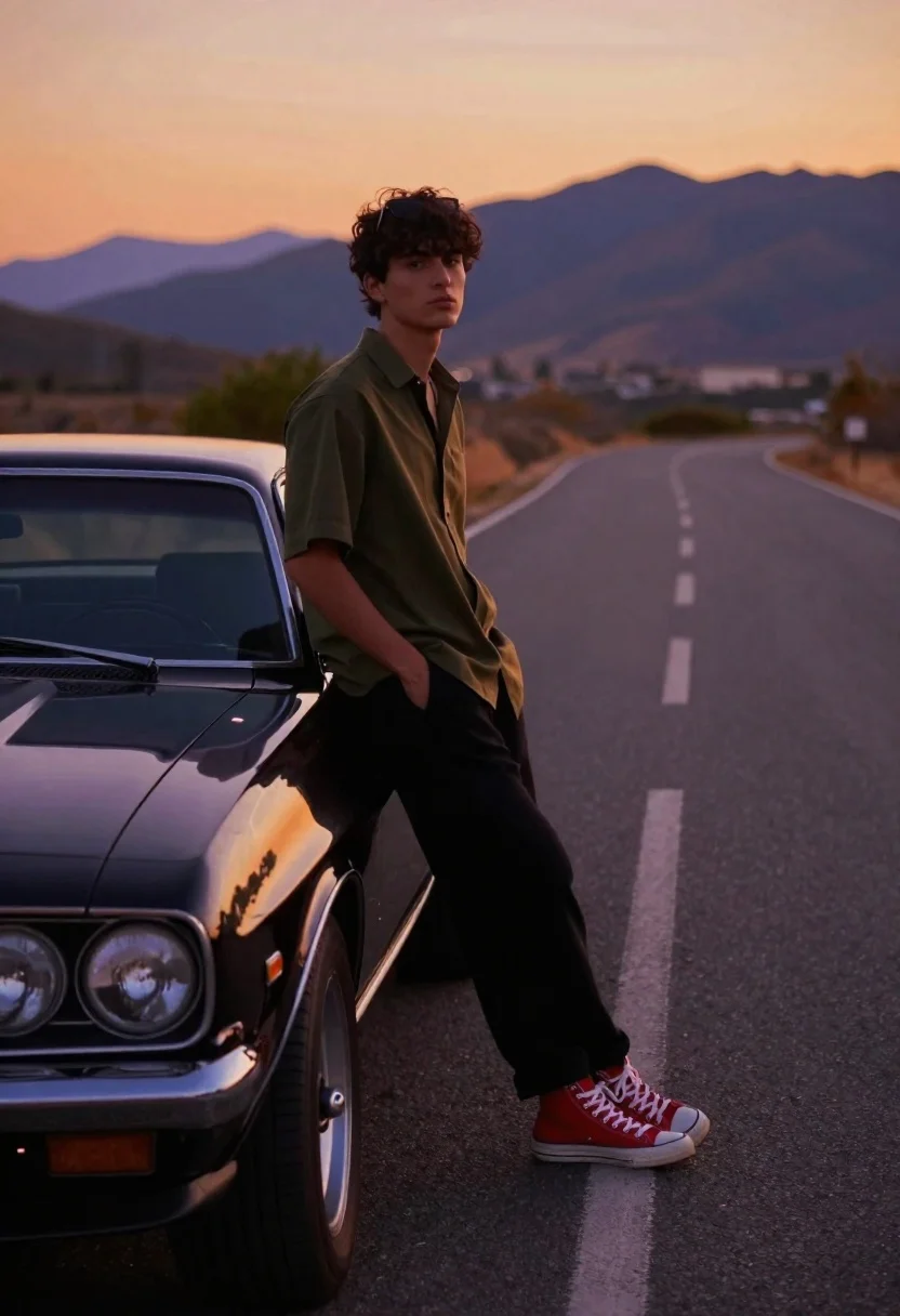 Young man leaning on black muscle car on winding mountain road at - AI generated image prompt sample
