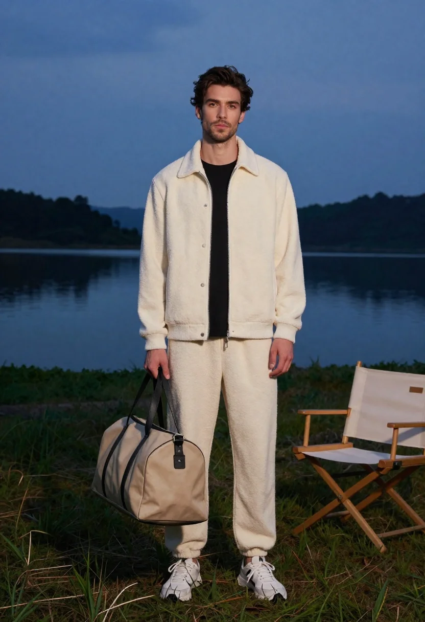 Young man in fleece tracksuit by lake at twilight on grassy field - AI generated image prompt sample