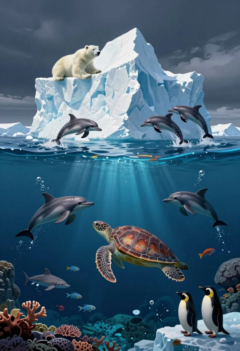 Surreal split level view of iceberg ocean ecosystem with marine life - AI generated image prompt sample