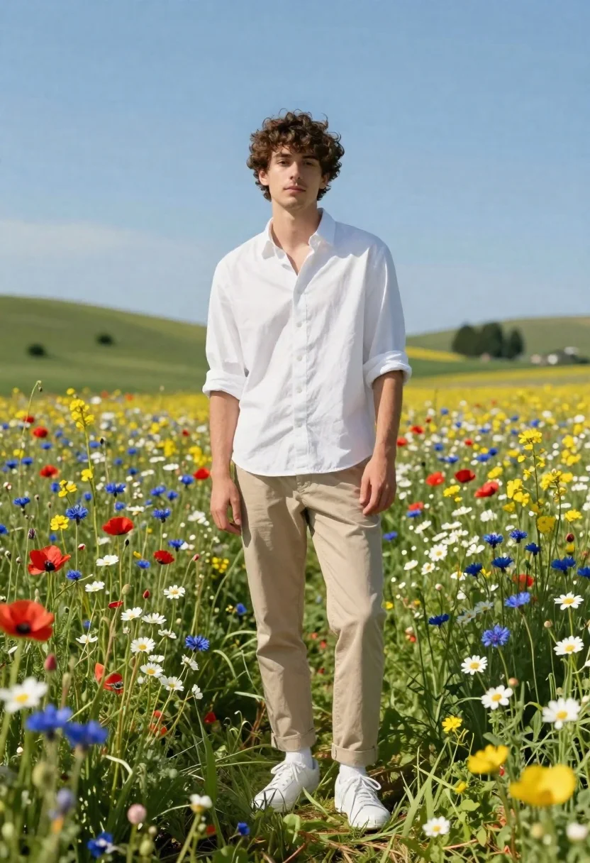 Young man in white shirt standing in wildflower meadow under blue sky - AI generated image prompt sample