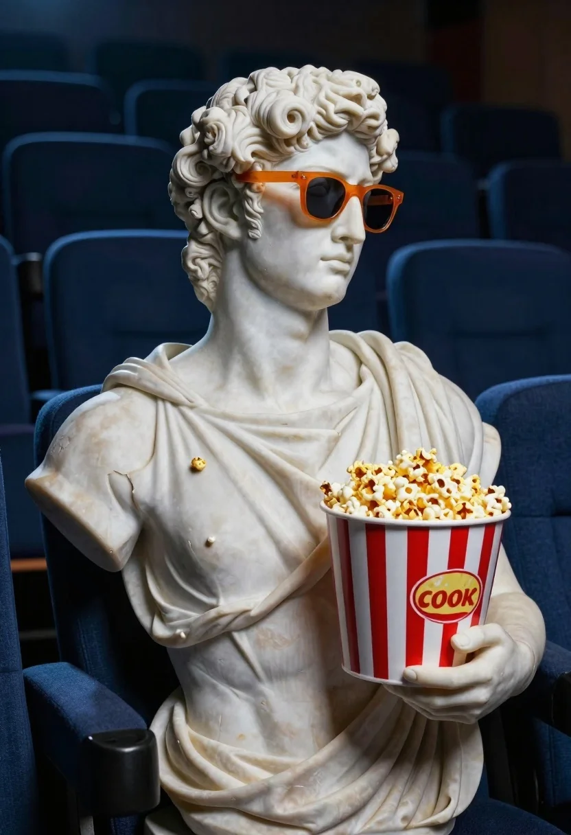 Marble bust holding popcorn in empty movie theater