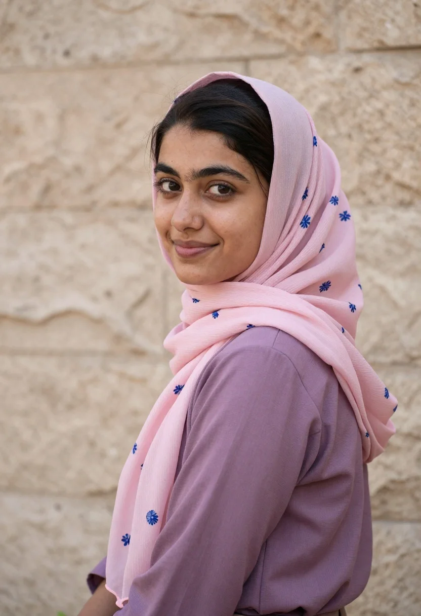 Medium close up portrait of young woman looking back over shoulder