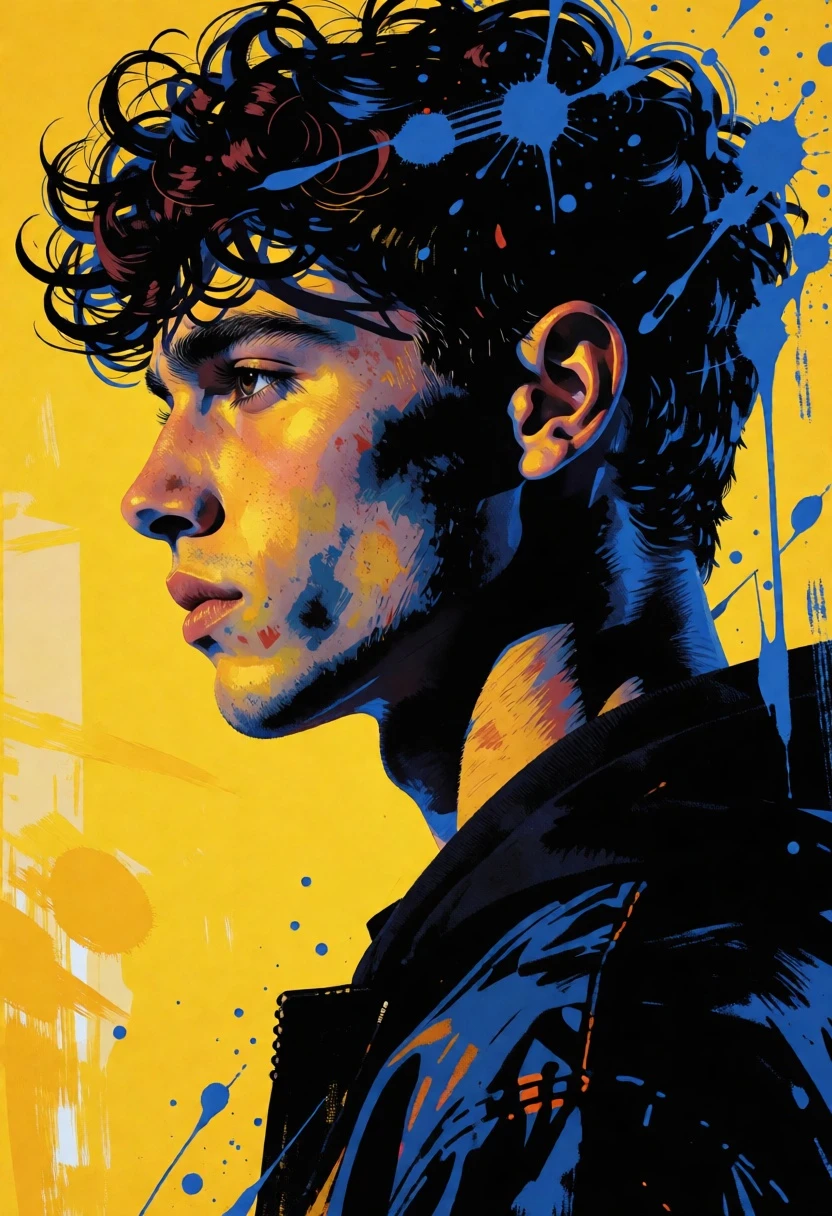 High contrast portrait of young man in profile against vivid yellow background - AI generated image prompt sample