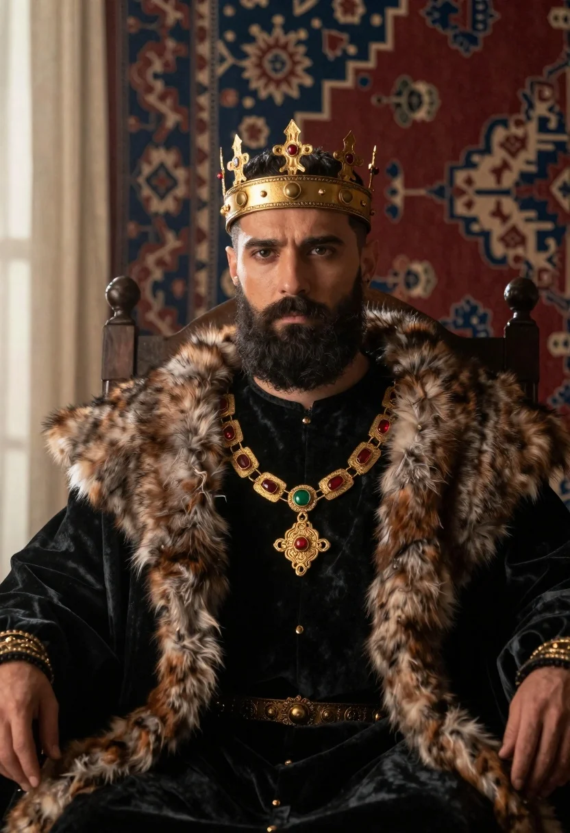Solemn man with dark beard wearing ornate golden crown and heavy jewelry - AI generated image prompt sample