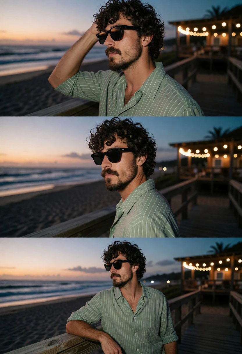 Man with dark curly hair on wooden boardwalk at dusk by ocean - AI generated image prompt sample