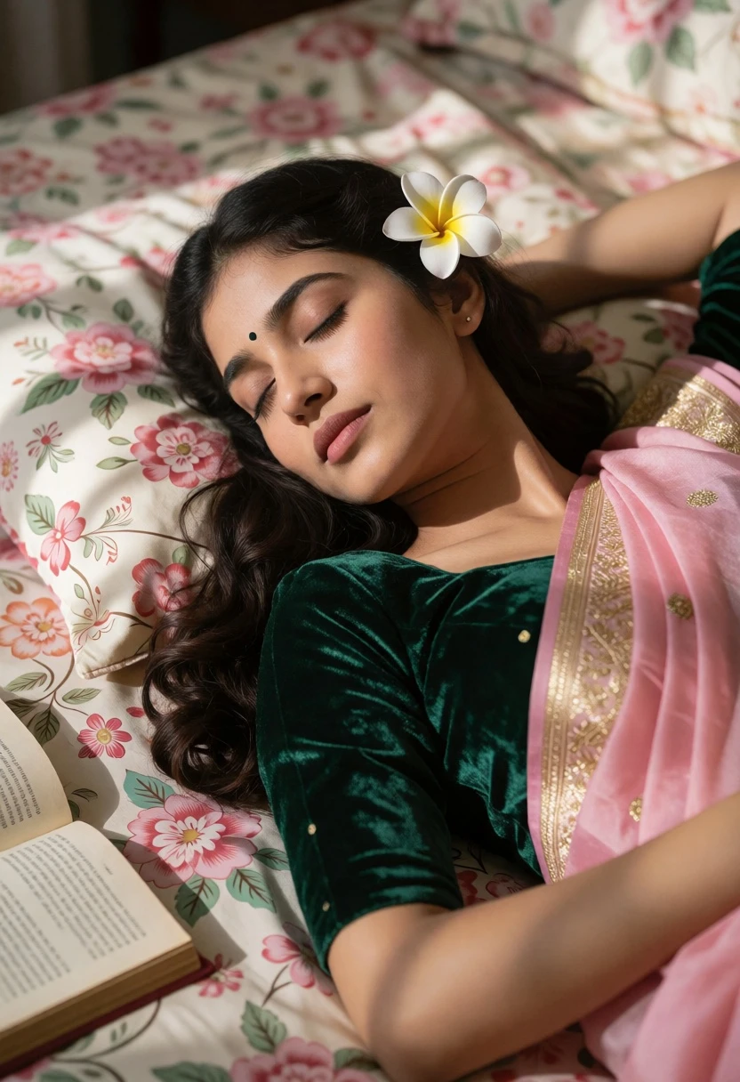 Young woman resting on floral bedspread with emerald blouse and pink saree - AI generated image prompt sample