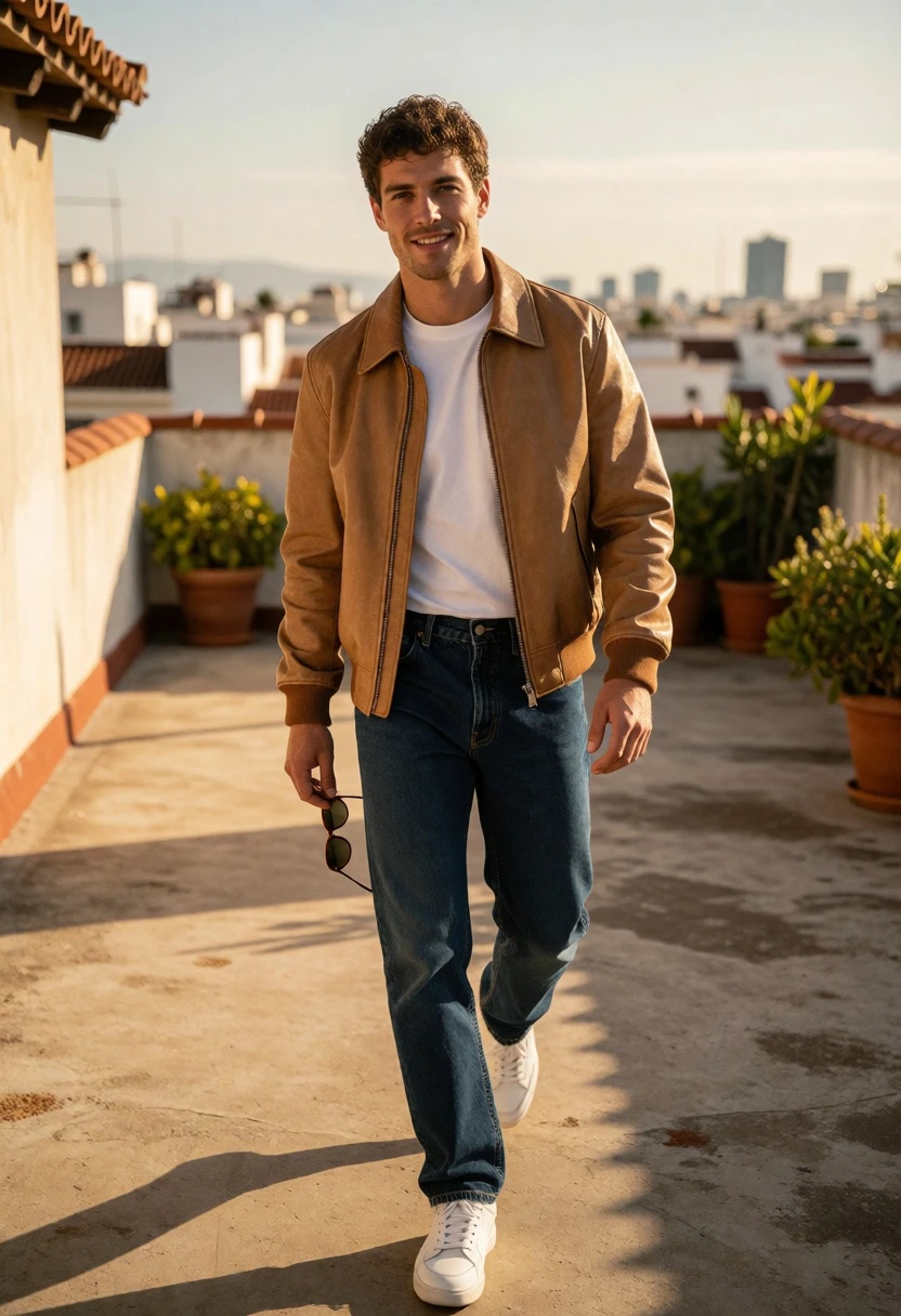 Young man walking on rooftop terrace with cityscape background at golden hour - AI generated image prompt sample