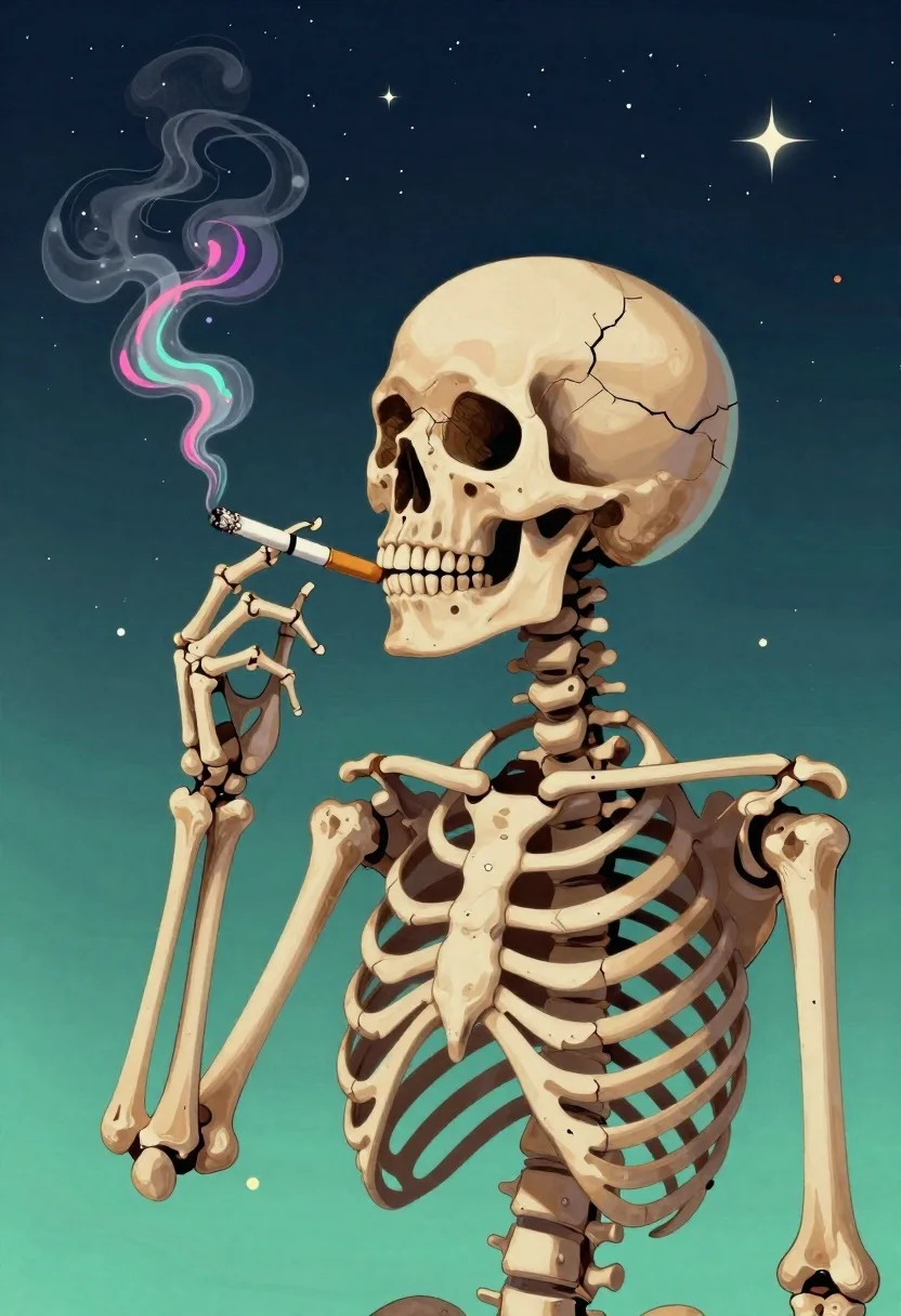 Stylized skeleton smoking cigarette against starry night sky