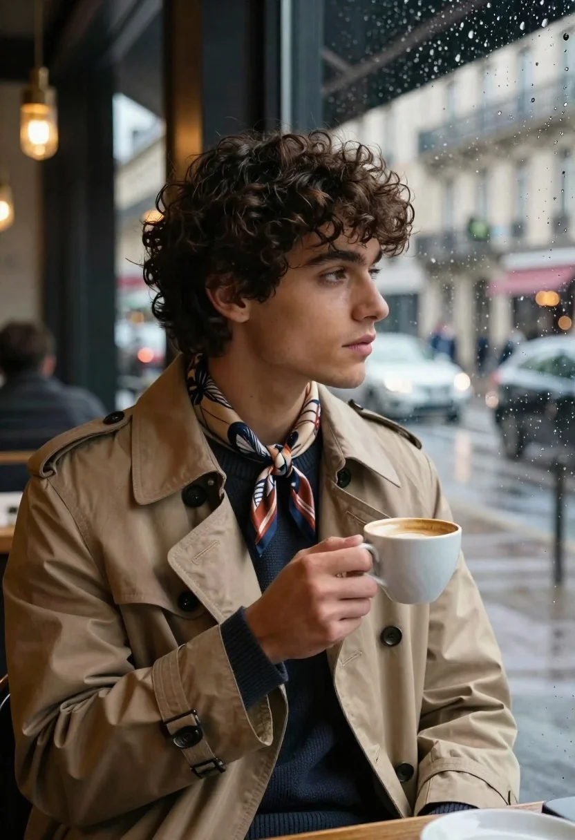 Young man in trench coat looking out cafe window at rainy street - AI generated image prompt sample