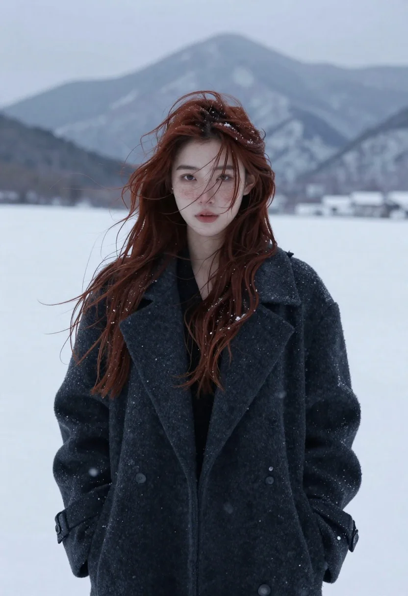 Young woman in dark coat standing in snowy mountains under overcast sky - AI generated image prompt sample