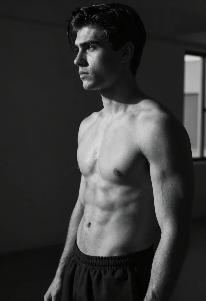 Black and white portrait of muscular man in studio