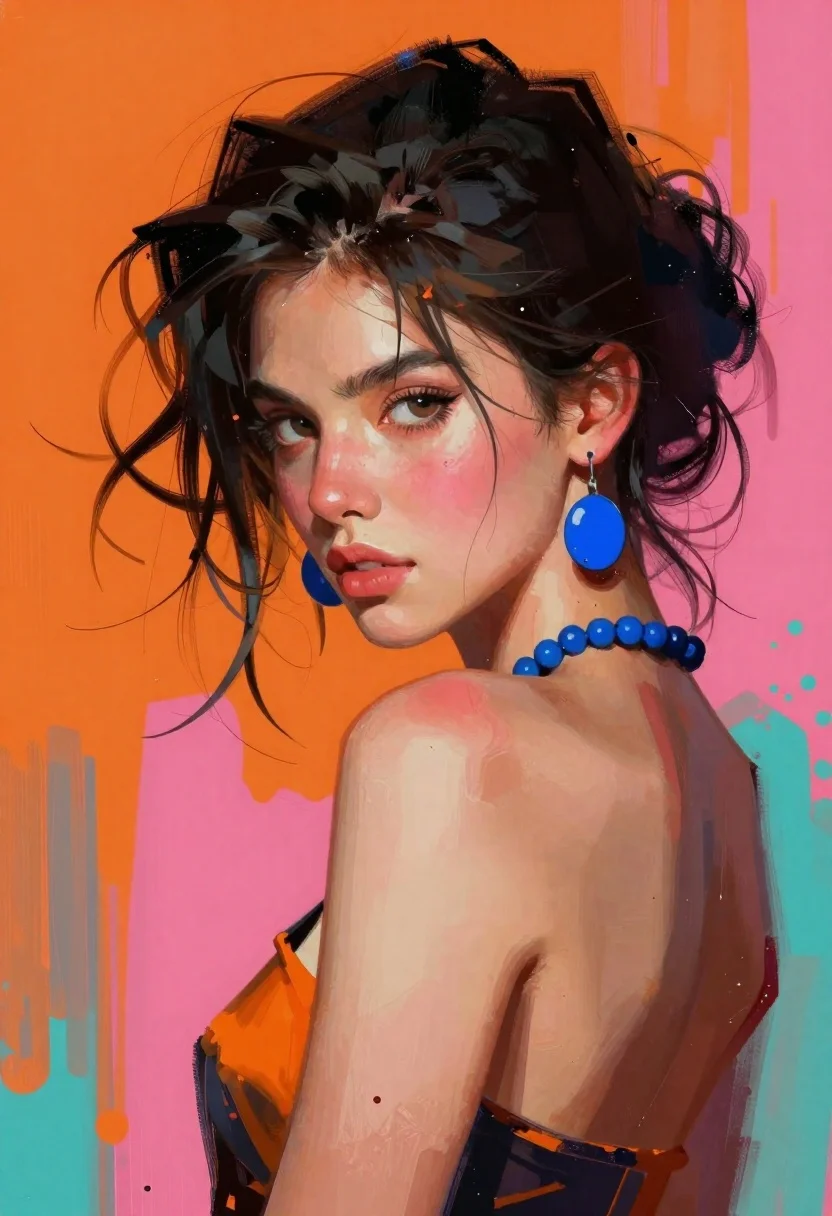 Woman looking over shoulder against abstract orange and pink background