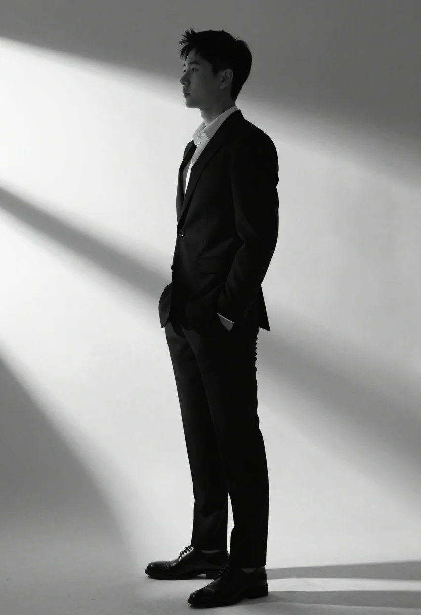 Black and white portrait of man in suit with dramatic shadows