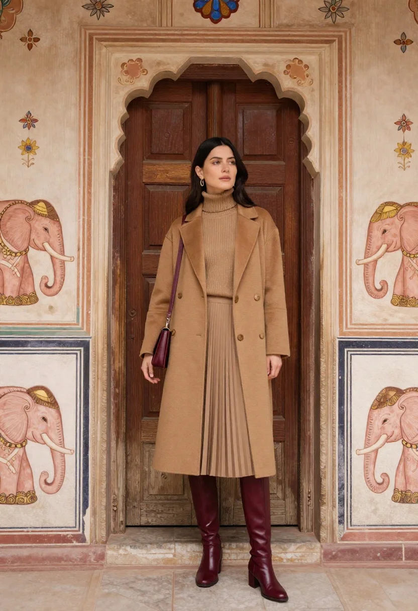 Woman in camel coat and burgundy boots leaning against ornate wooden door - AI generated image prompt sample