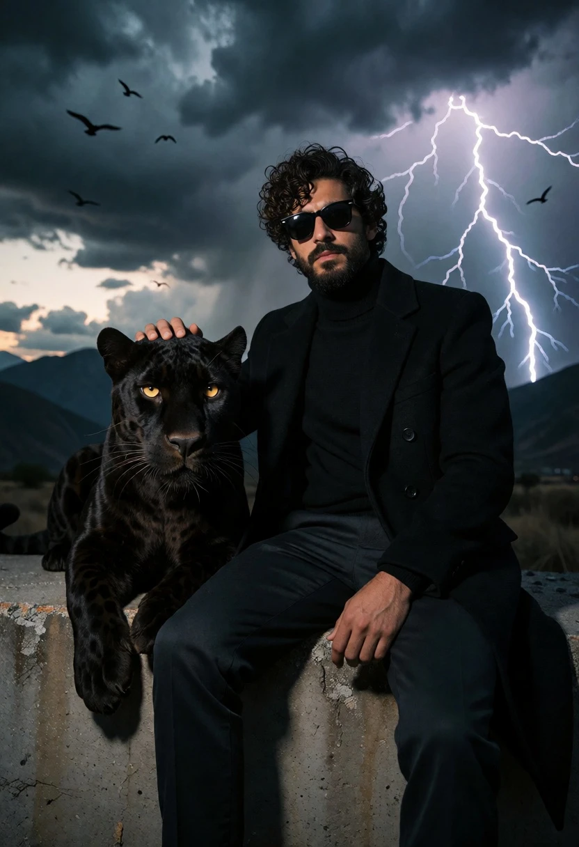 Man in black coat resting hand on panther near stormy mountains - AI generated image prompt sample
