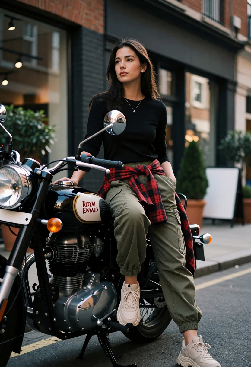 Young woman sitting on a black motorcycle on an urban street setting - AI generated image prompt sample