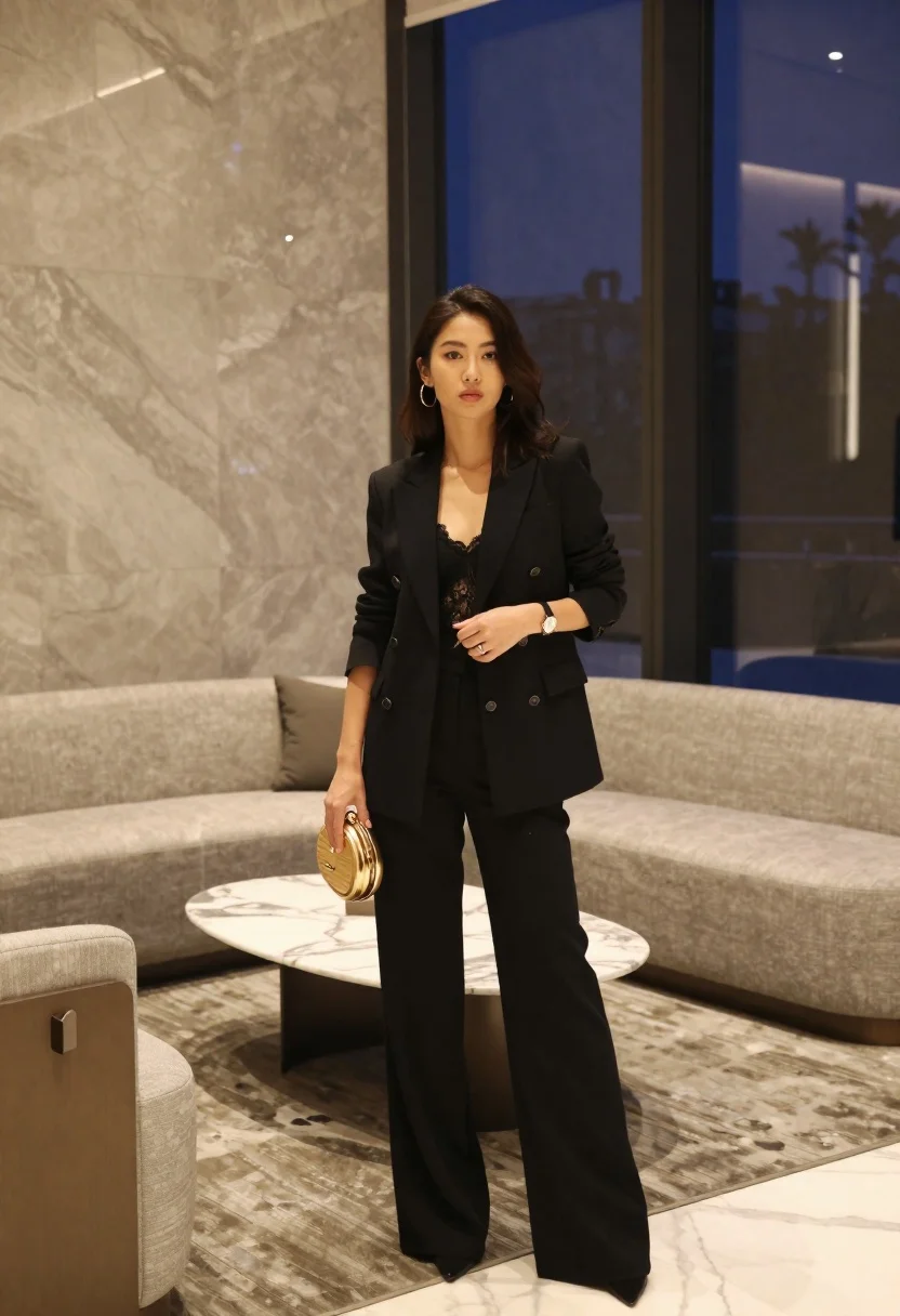 Woman in black blazer standing inside modern marble interior space