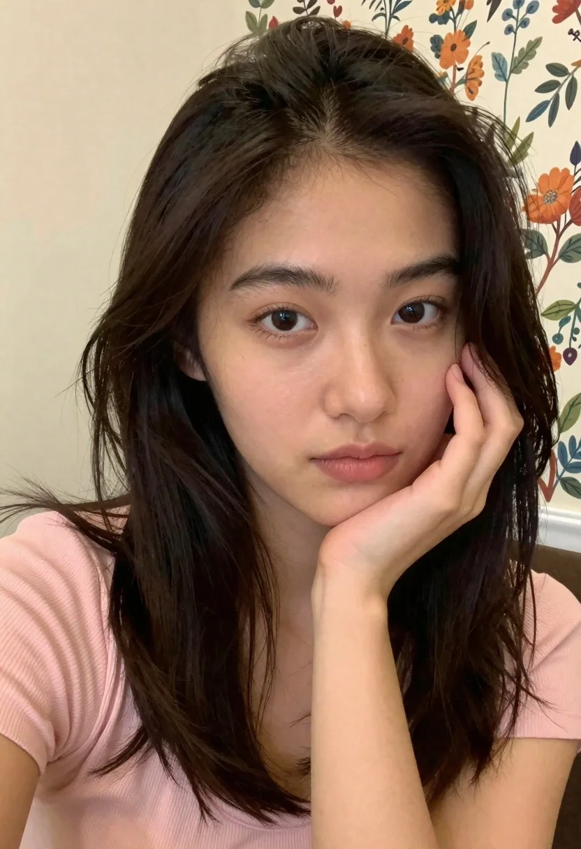 Close up portrait of young woman with dark hair resting chin on