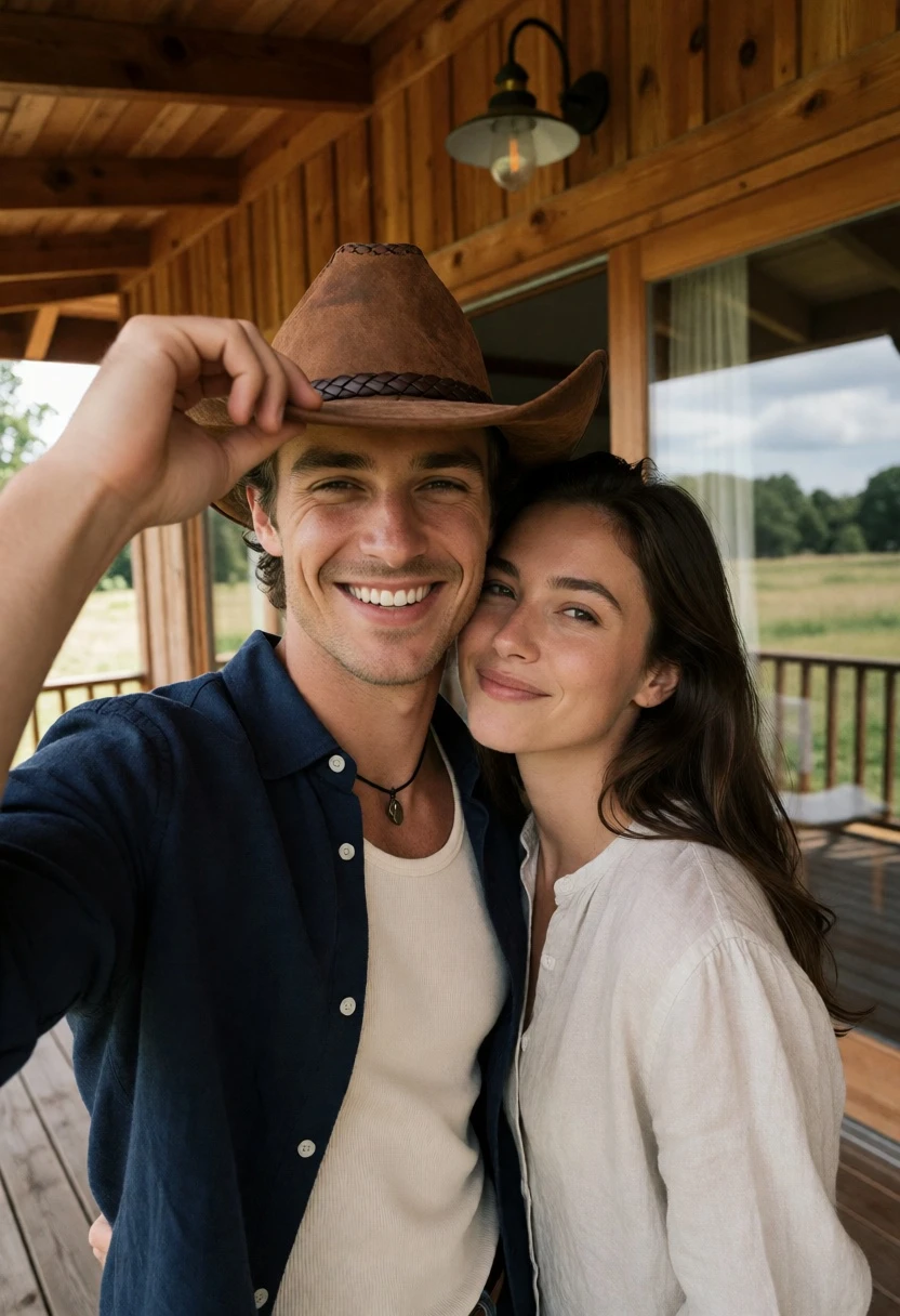 Couple selfie on wooden porch with view of grassy field - AI generated image prompt sample
