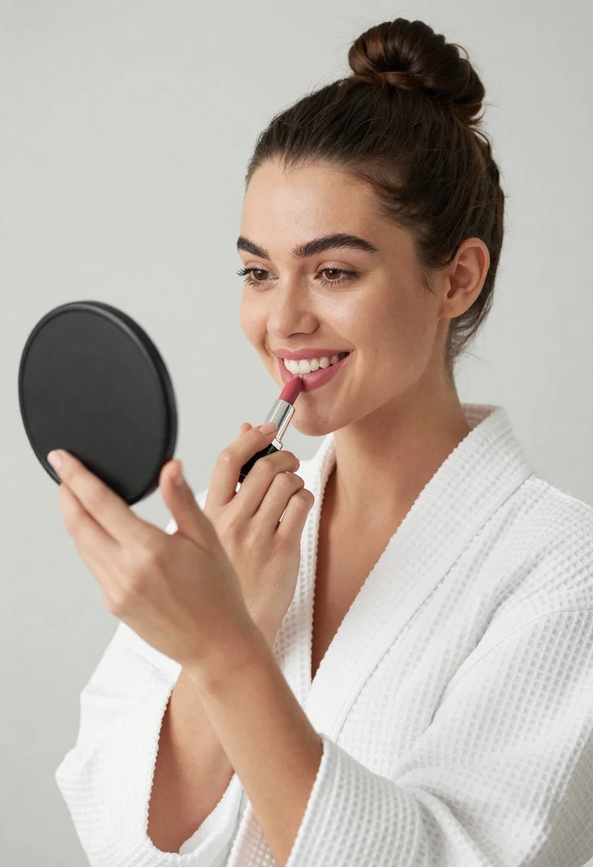 Smiling woman in white bathrobe applying pink lipstick with mirror - AI generated image prompt sample