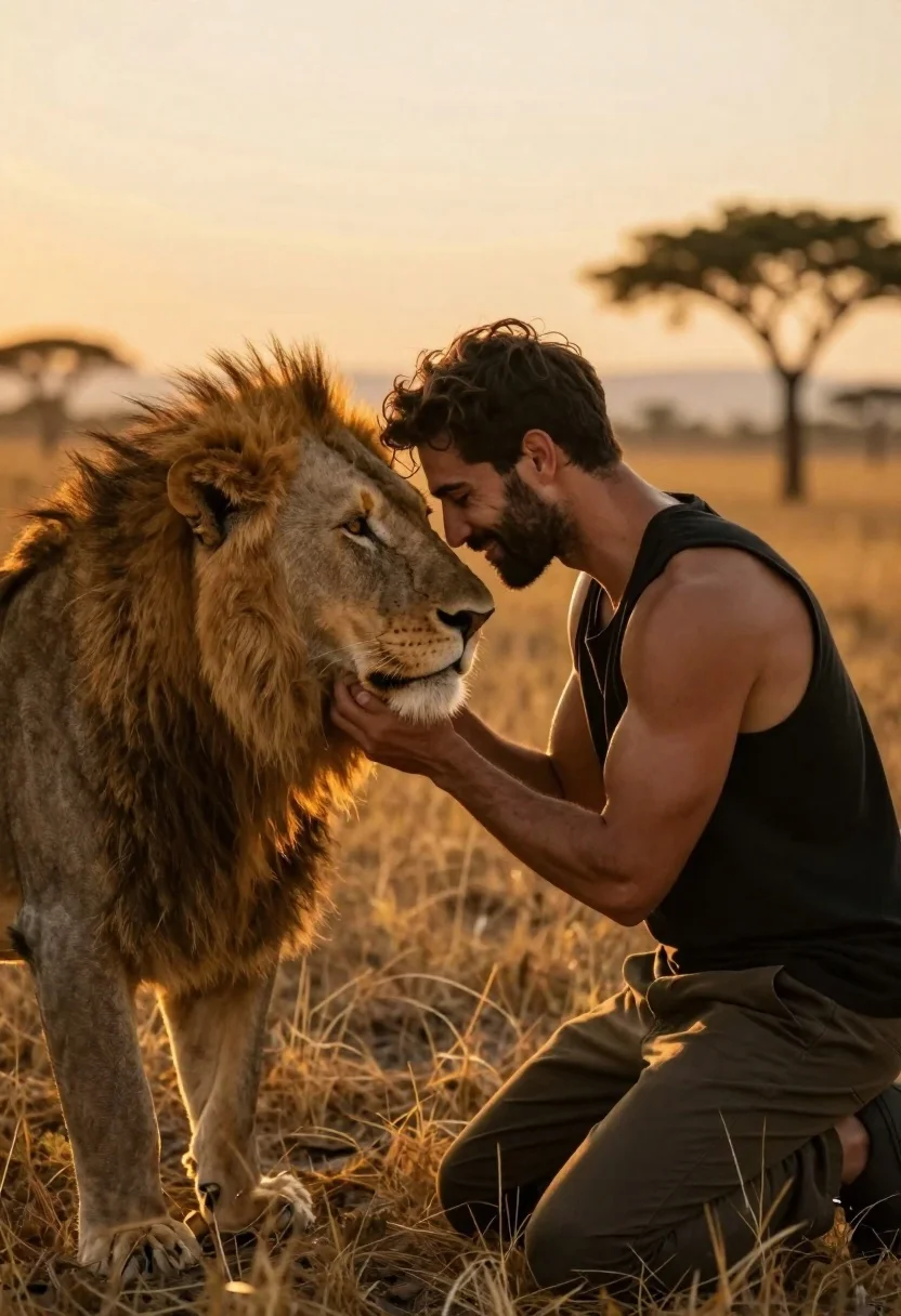 Man nuzzling lion in golden savanna at sunset