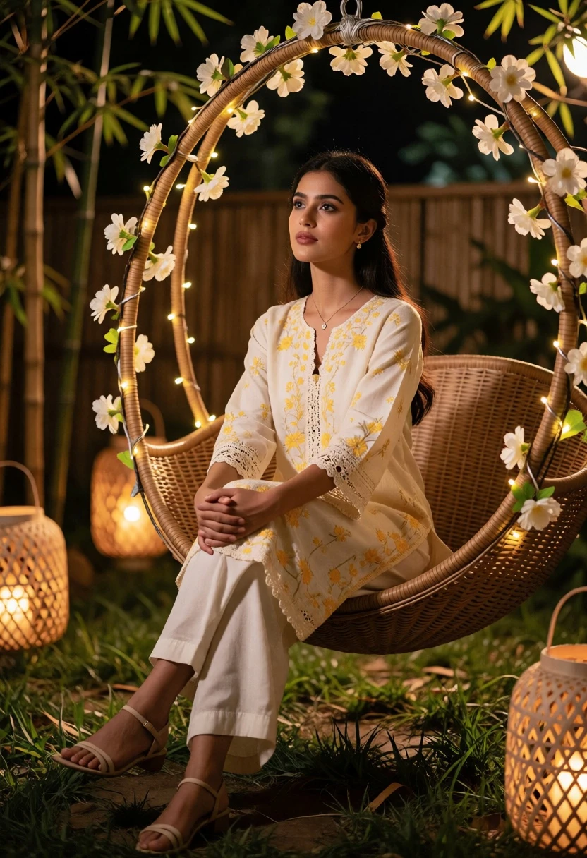 Young woman sitting on wicker swing in garden at night with bamboo - AI generated image prompt sample