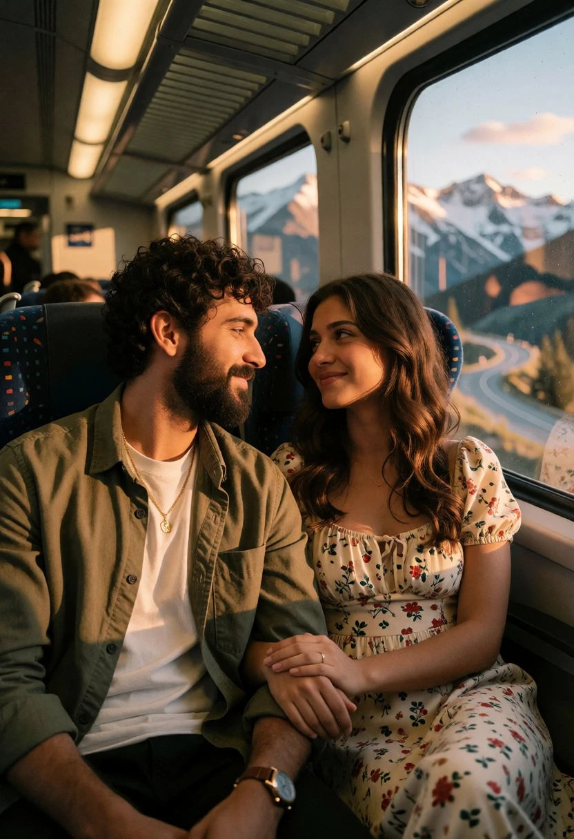 Romantic couple seated on train watching sunset over snowcapped mountains - AI generated image prompt sample