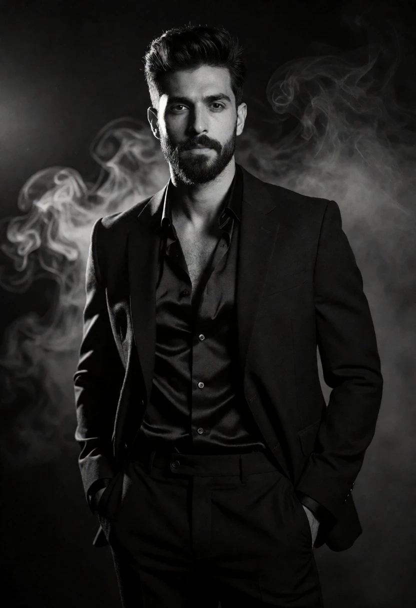 Portrait of a man in a black suit jacket amidst smoky studio - AI generated image prompt sample