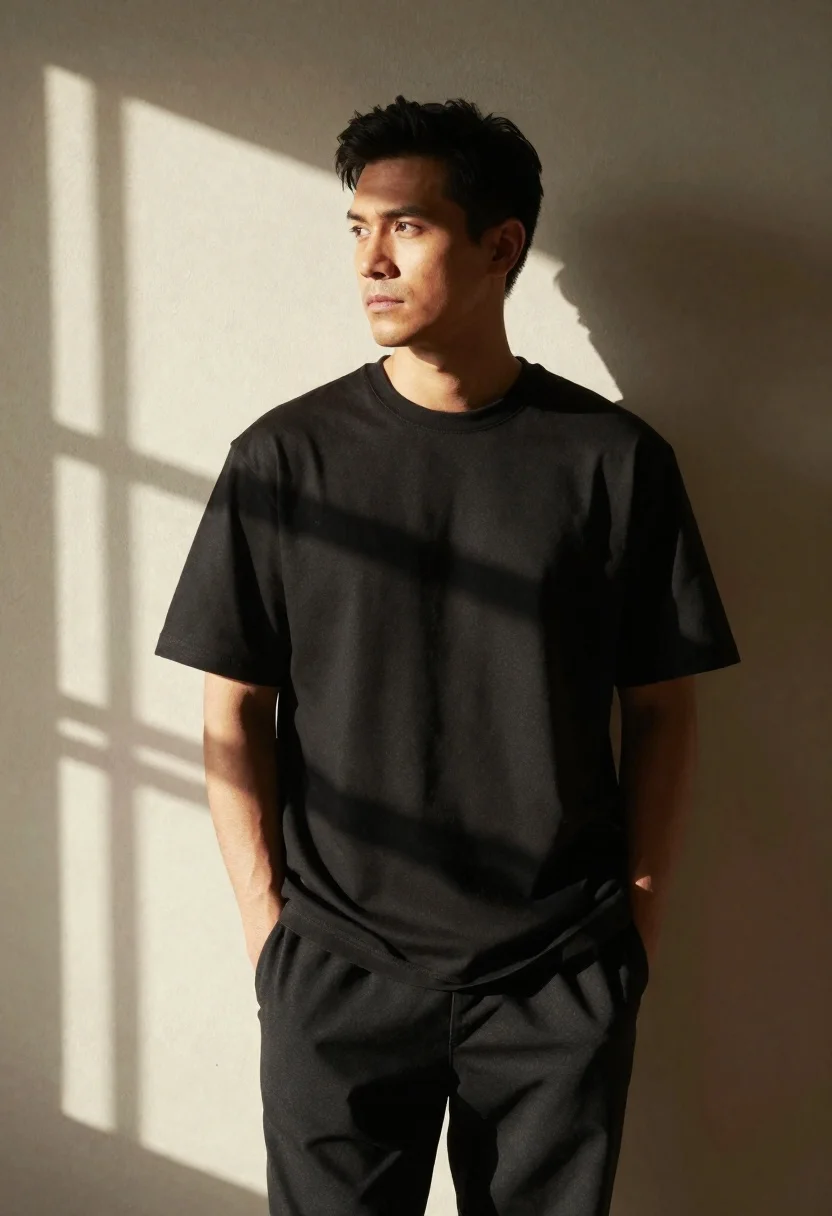 Man in black tshirt against dappled sunlight wall