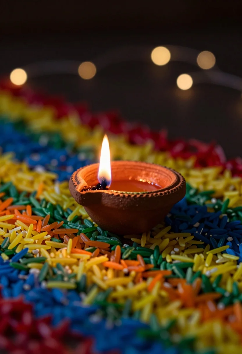 Glowing earthenware oil lamp resting on colorful striped rice grains - AI generated image prompt sample
