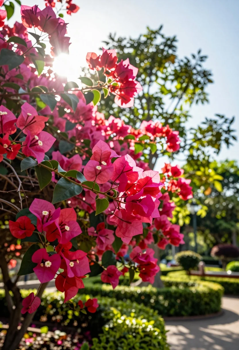Vibrant magenta bougainvillea flowers in a lush garden under bright sunlight - AI generated image prompt sample