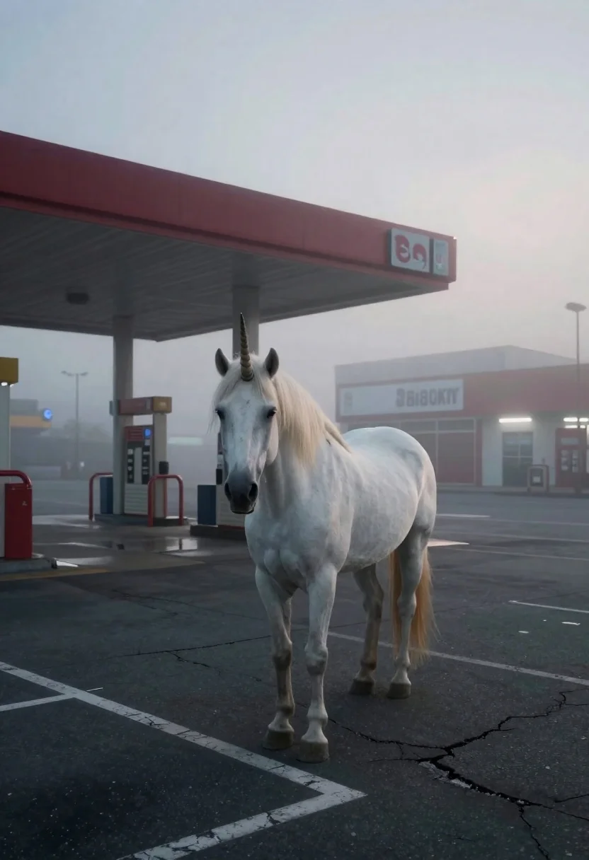 White unicorn in foggy gas station parking lot