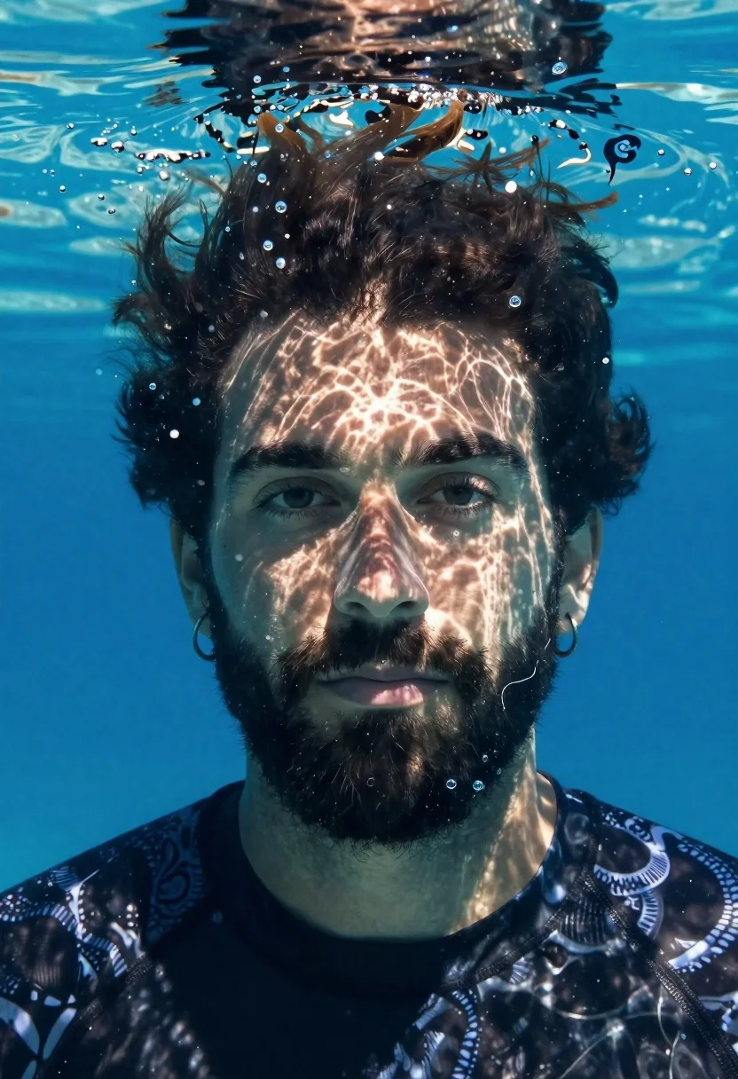 Underwater portrait of bearded man looking at camera - AI generated image prompt sample