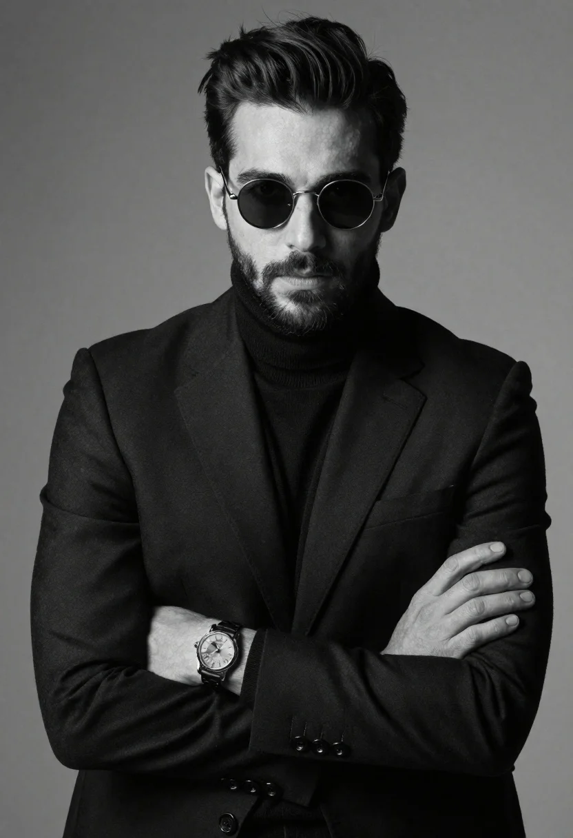 Black and white portrait of man in tailored suit