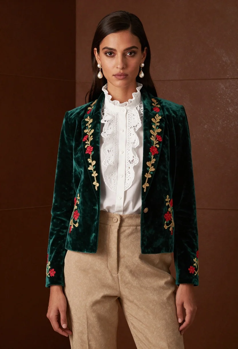 Woman in emerald jacket against deep brown backdrop