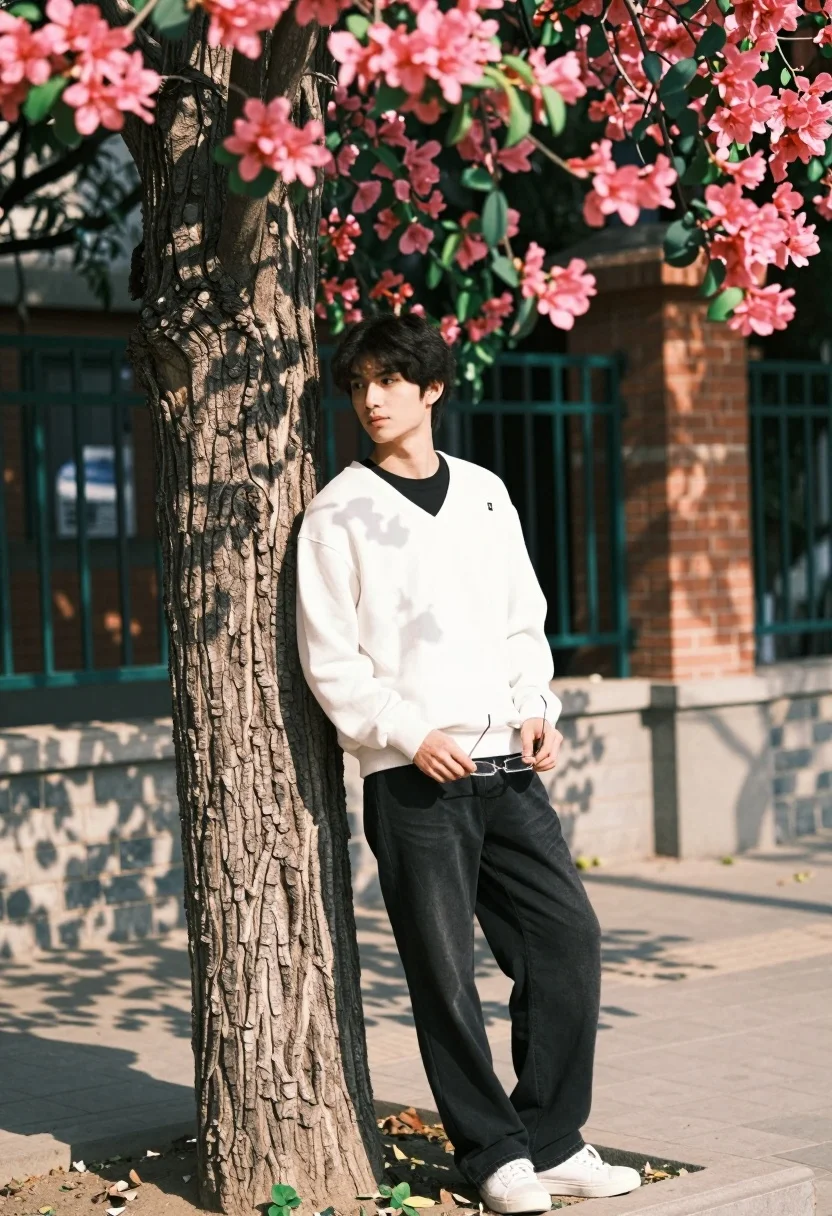 Young man leaning against tree trunk near brick building with pink flowers - AI generated image prompt sample